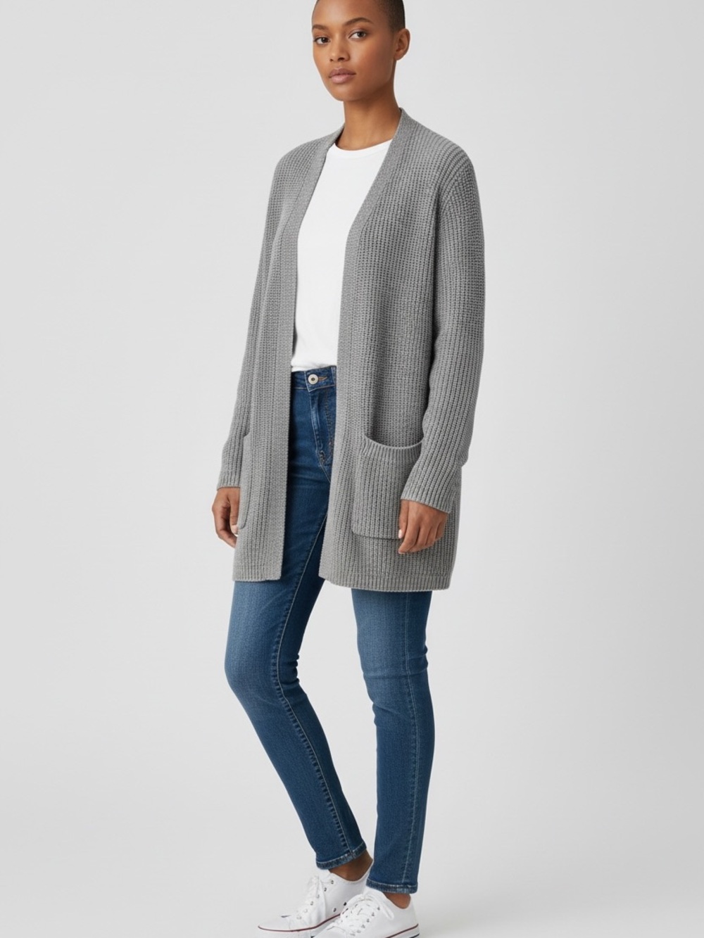Gray green Open-Front Knit Cardigan Sweater